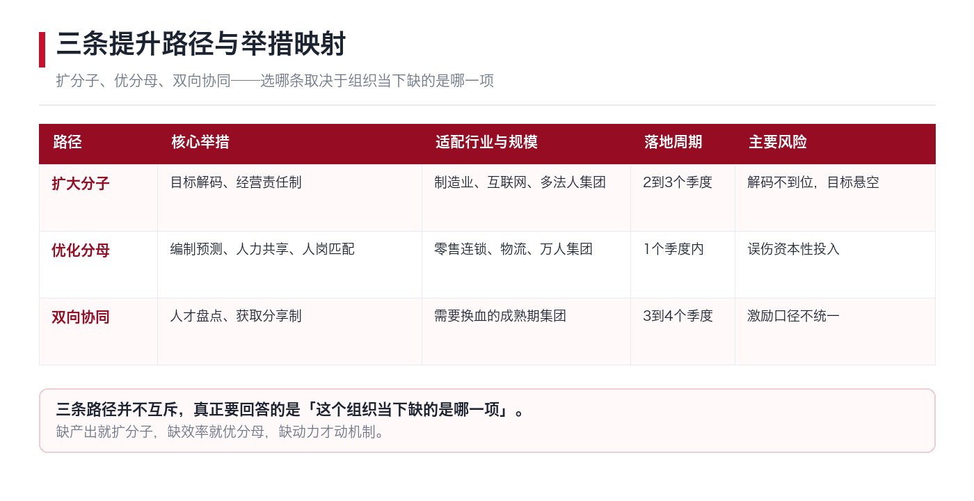 三条提升路径与举措映射矩阵:扩分子、优分母、双向协同各自对应的举措与风险