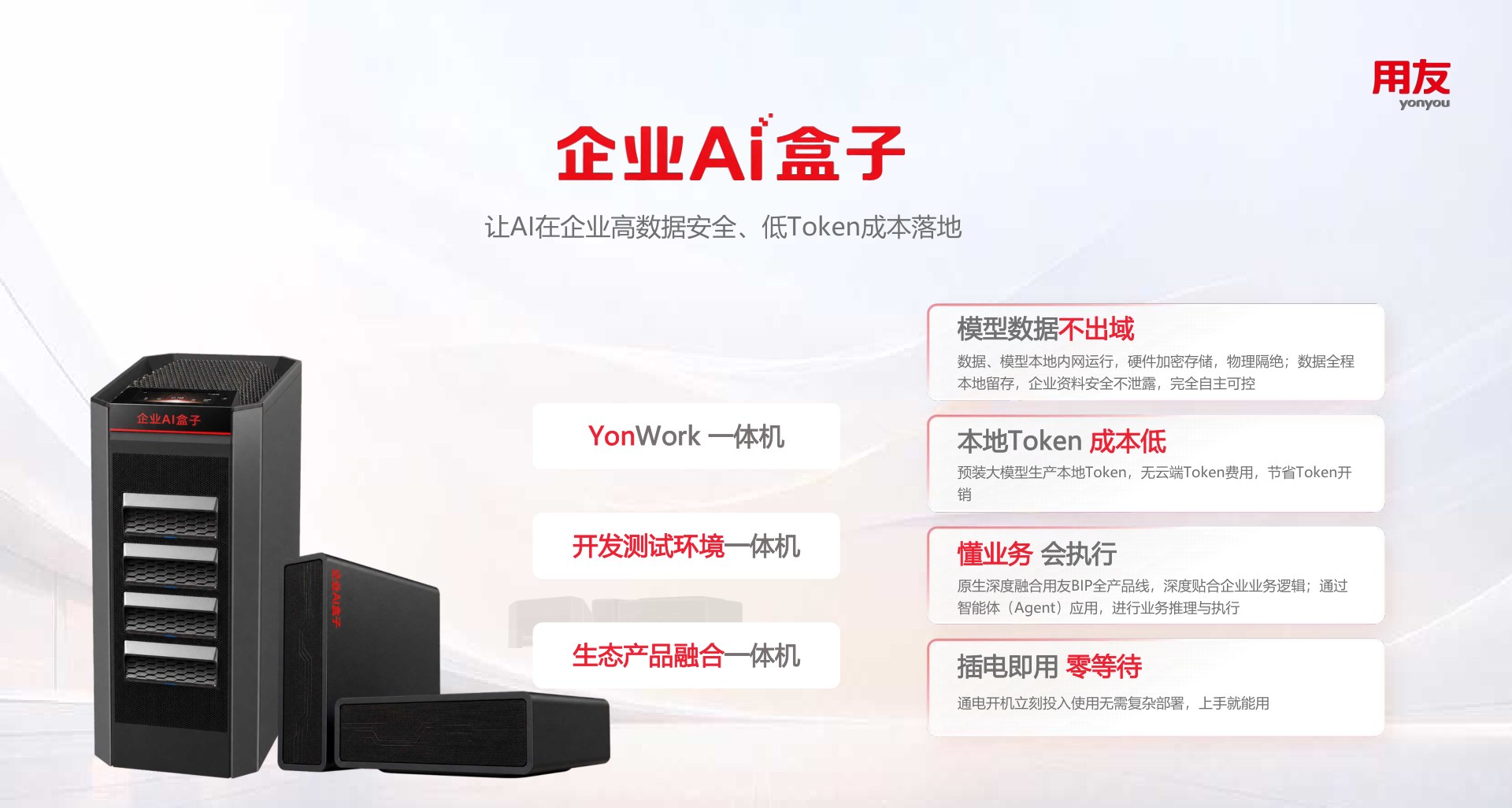 企业 AI 盒子与 YonWork 一体机:模型数据不出域、本地 Token 成本低、原生融合 BIP 全产品线、插电即用零等待