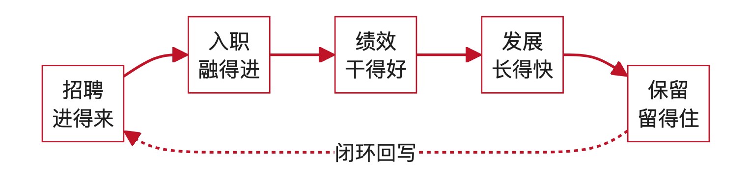 图2：人才全生命周期五阶段闭环（招聘→入职→绩效→发展→保留，回写贯通）