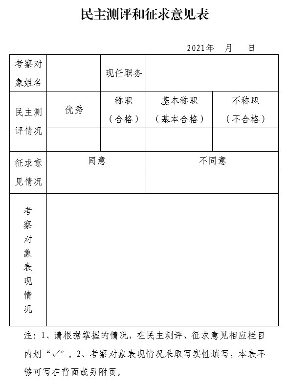 民主测评和征求意见表常规表样