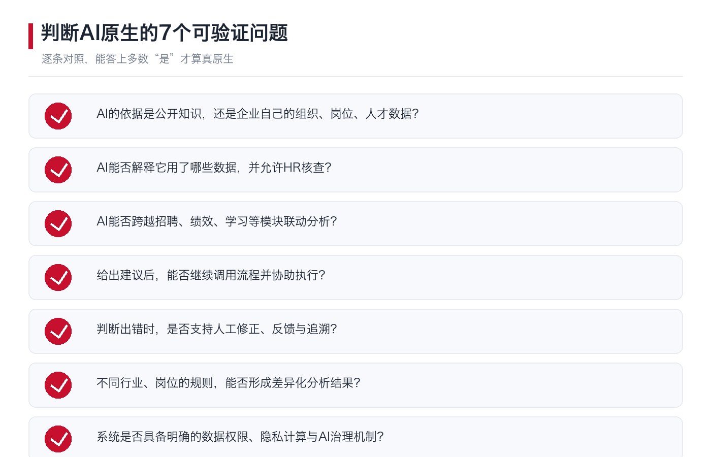 AI原生HR系统选型验证清单图:7条可逐项验证的核心问题