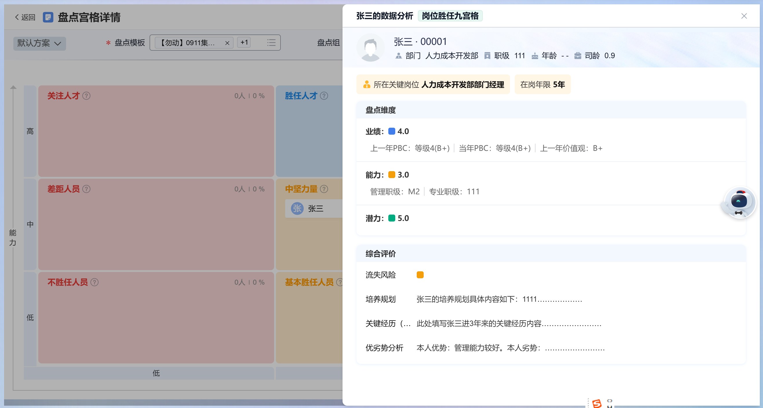 岗位胜任九宫格与个人数据分析：左侧为关注人才、胜任人才、差距人员、不胜任人员四象限分布，右侧展示单人的业绩、能力、潜力评分与培养规划、关键经历